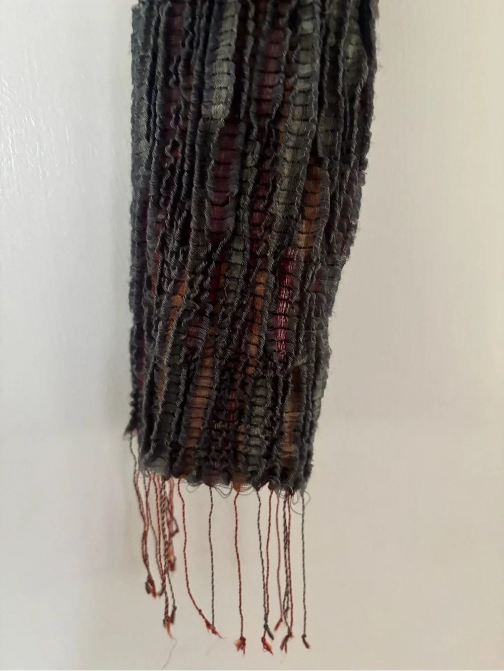 Sevya Handmade Wool/Silk Scarf in dark gray multi with fringe